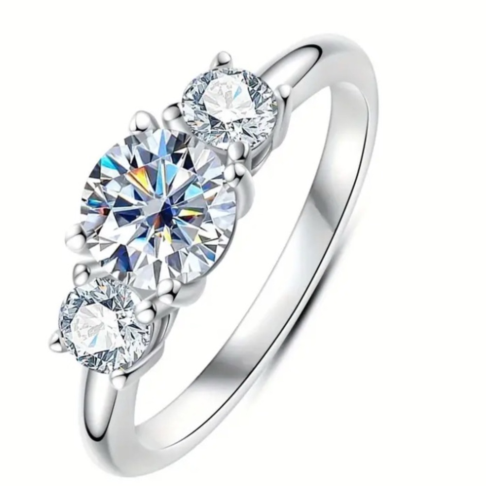 Elegant Sterling Silver Triple Moissanite Stone Ring Size 9